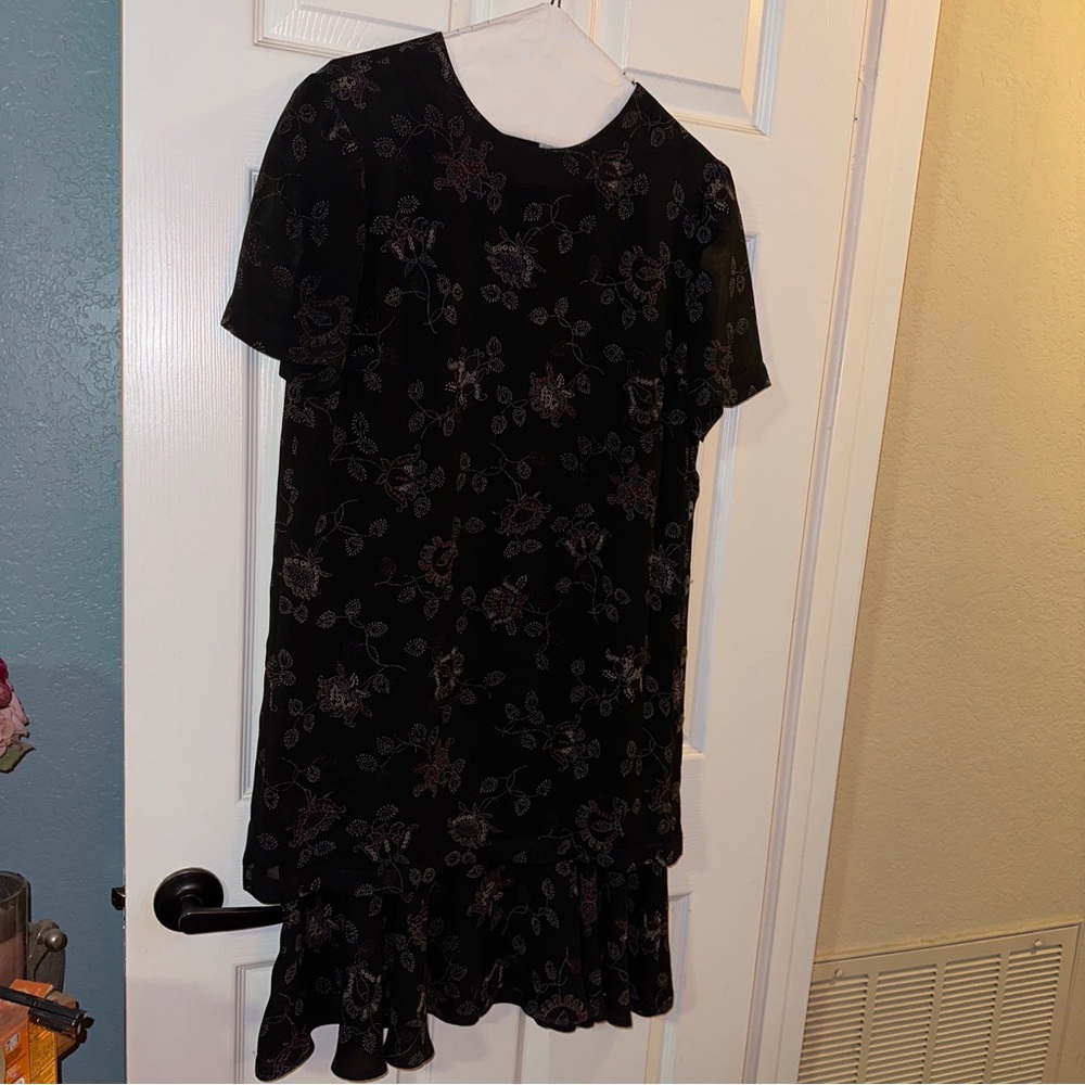 Liz Claiborne Sz 6 Med Floral Black Poly Dress Women Tunic Blouse Over Ruffles